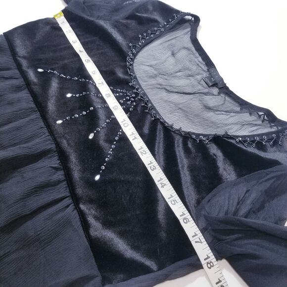 Lapis Sheer Silk Blend Velvet Rhinestones Embellished Ruffle Blouse - Picture 5 of 12